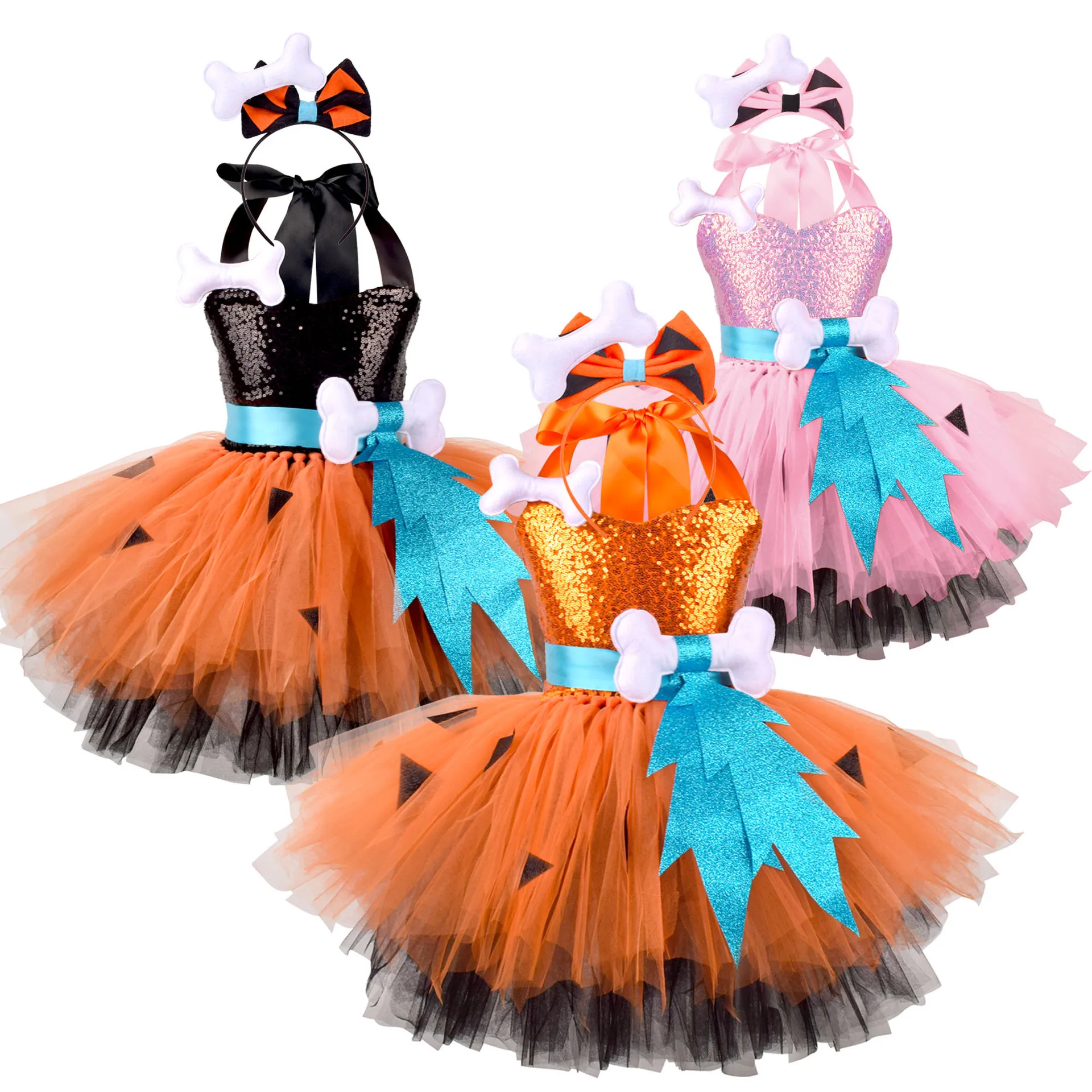 

Girls Crazy Primitive Cosplay Costumes Girls Bone Dress Halloween Birthday Party Dog Cosplay Dress Kid Orange Sequins Tutu Dress