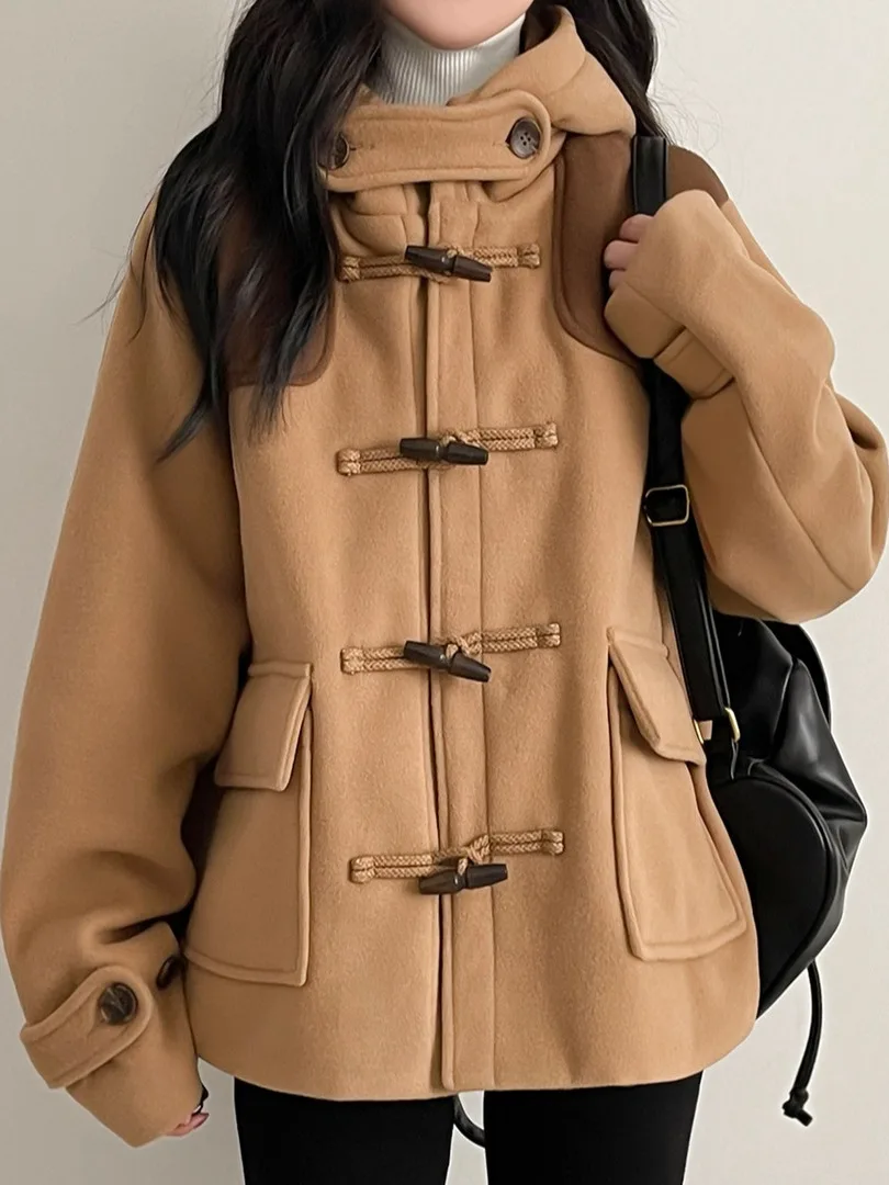 

Winter Vintage Color Blo Hat Coat Women's Youthful College Sle Design Woolen Outerwear Button Detail Polyester Fiber