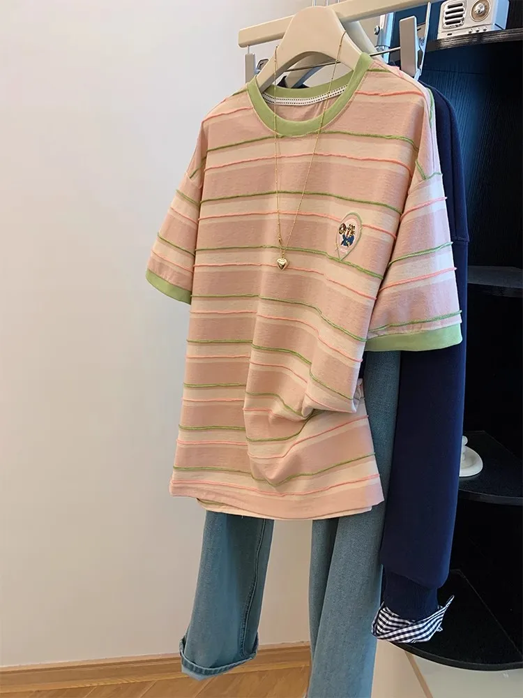 

Loose Fit Pure Cotton Short Sleeve T-Shirt Striped Summer Casual Unisex Breathable Comfortable round Neck Top for Men And Women