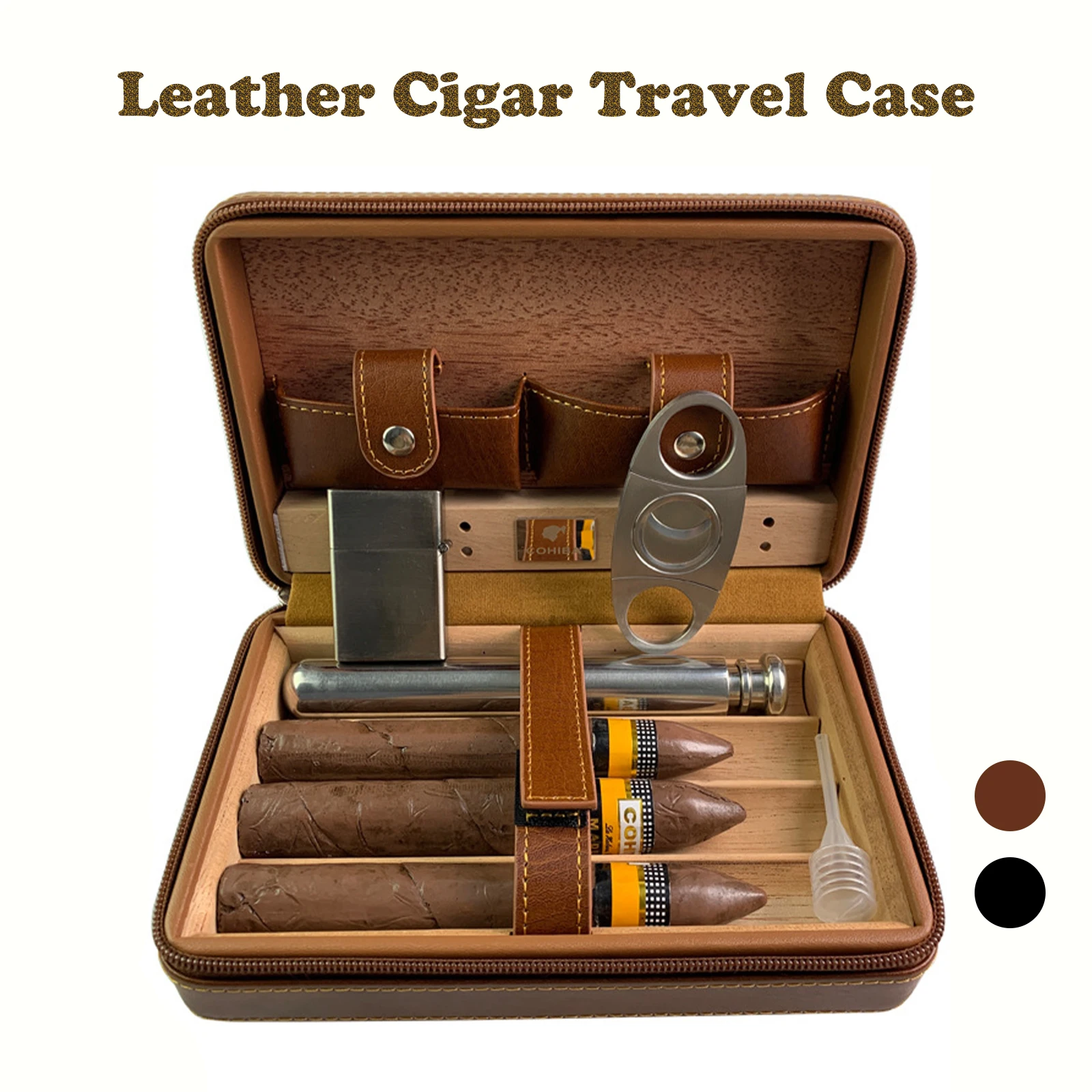 Leather Cigar Travel Case - Portable Cedar Lined Humidor with Zipper Closure, Holds 4 Cigars - Elegant Black And Brown Leather E