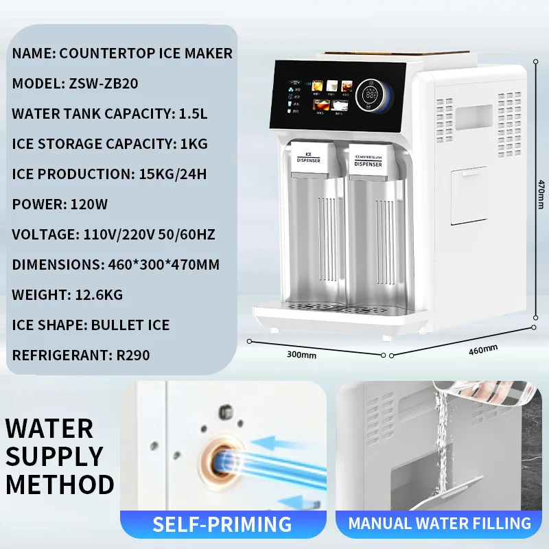 Stainless Steel Multi-Function Ice Maker for Home Kitchens Ice Cubes/Slushies/Water Cooler Smart Digital Display Countertop Wate
