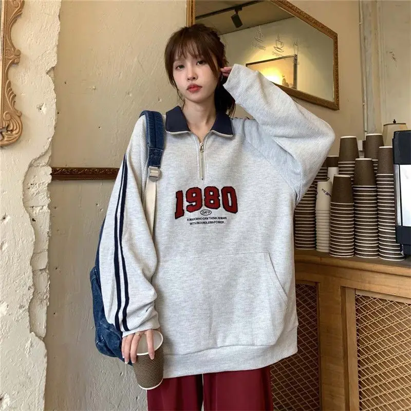 Oversized Sweatshirts Femme Stand Collar Loose Autumn Zipper Casual Pullovers Coat Women Clothing All-match Trend T-Shirts Tops