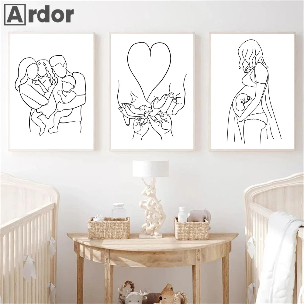 1pc frameless Family Portrait Canvas Poster Baby Line Drawing Wall Painting Abstract Hand Print Minimalist Wall Art Pictures Liv