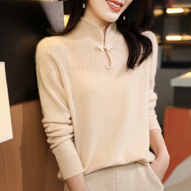 

Autumn and winter new 100% pure woolen sweater women's new Chinese top cheongsam collar sweater loose woolen bottom shirt