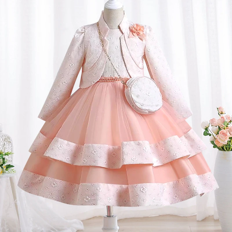 Girls Elegant Gold Silk Embroidery Pattern Tulle Dress Girls Birthday Party Campus Prom Long Sleeve Evening Dress 3-Piece Set