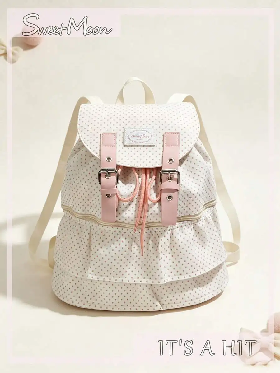 1pc Pink Nylon Casual Minimalist Letter Patch Metal Eyelet Delicate Strap Decor Cake Ruffle Drawstring Flap Large Capacity Folda