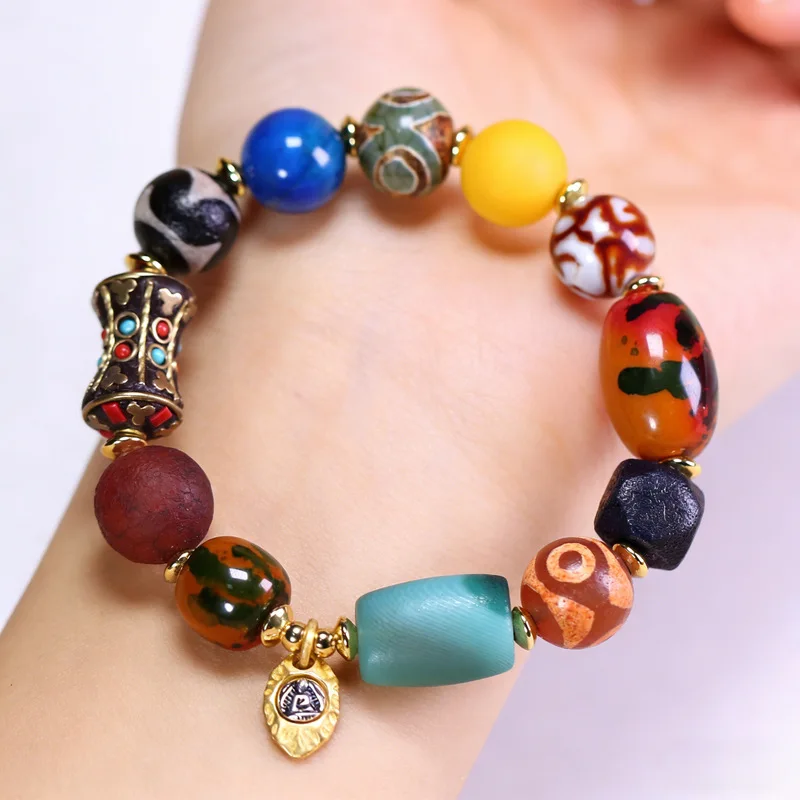 Natural Tibetan Genuine Old Mine Raw Stone Agate Chalcedony Tiger Tooth Dzi Bead Multi-Treasure Bracelet 20x27mm