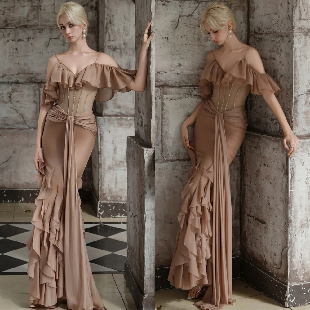

Customized Formal Chiffon Mermaid Evening Dress Delicate V-Neck Prom Dresses Formal Sweep Train Special Occasion Gowns