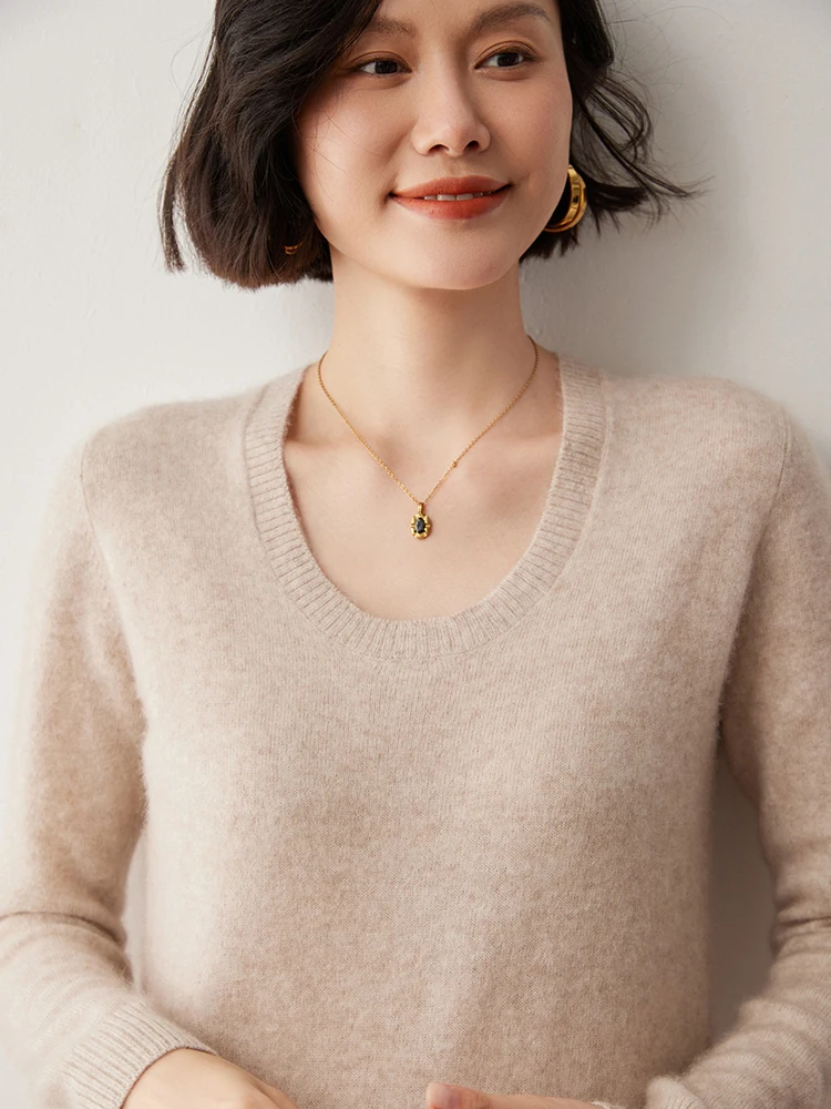 Autumn Winter High-end 100% Cashmere Sweater Women's Pullover Knitwear U-neck Solid Versatile Soft Basic Long Sleeve Tops