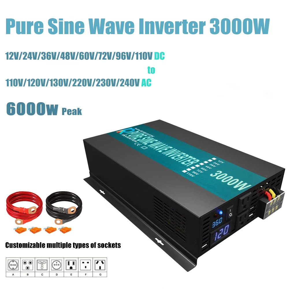 

Pure Sine Wave Inverter 3000W 24V 220V Solar Panel/ Wind Power Bank Generator Converter 12V/36V/48V DC to 110V/120V/230V/240V AC