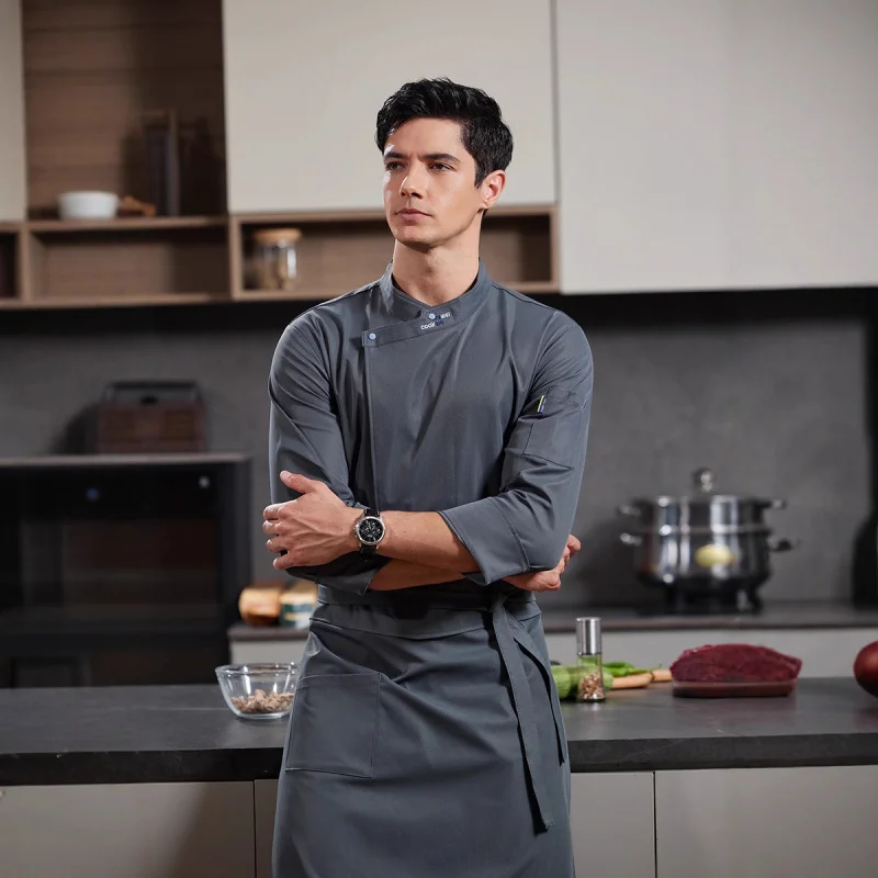 

Рубашка-униформа для поваров с воротником на двух пуговицах, эластичная, для отелей, ресторанов, чайных, с длинным рукавом, стильная, для основной кухни, рабочая одежда, осень-зима