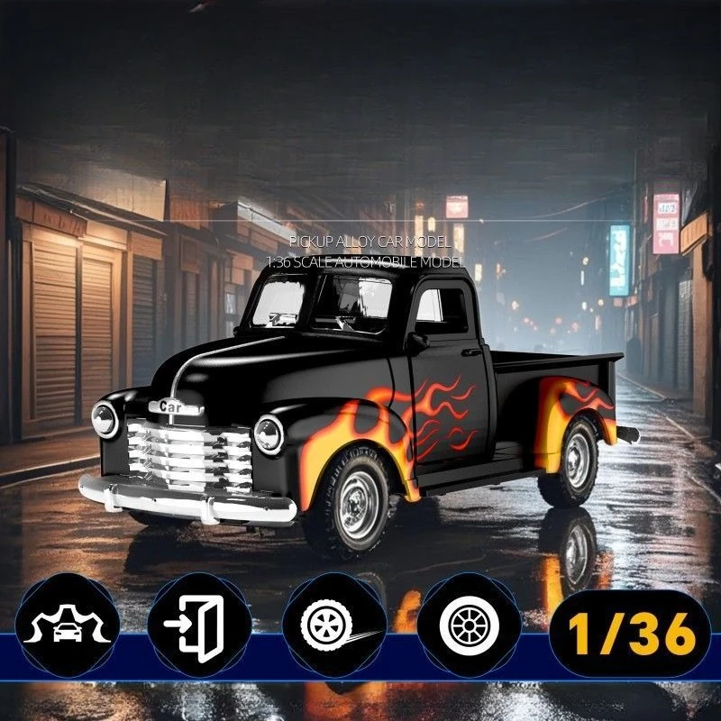 

1:36 пламенный пикап, детский игрушечный автомобиль, классический сплав, инерционная модель автомобиля с откатным механизмом, орнамент