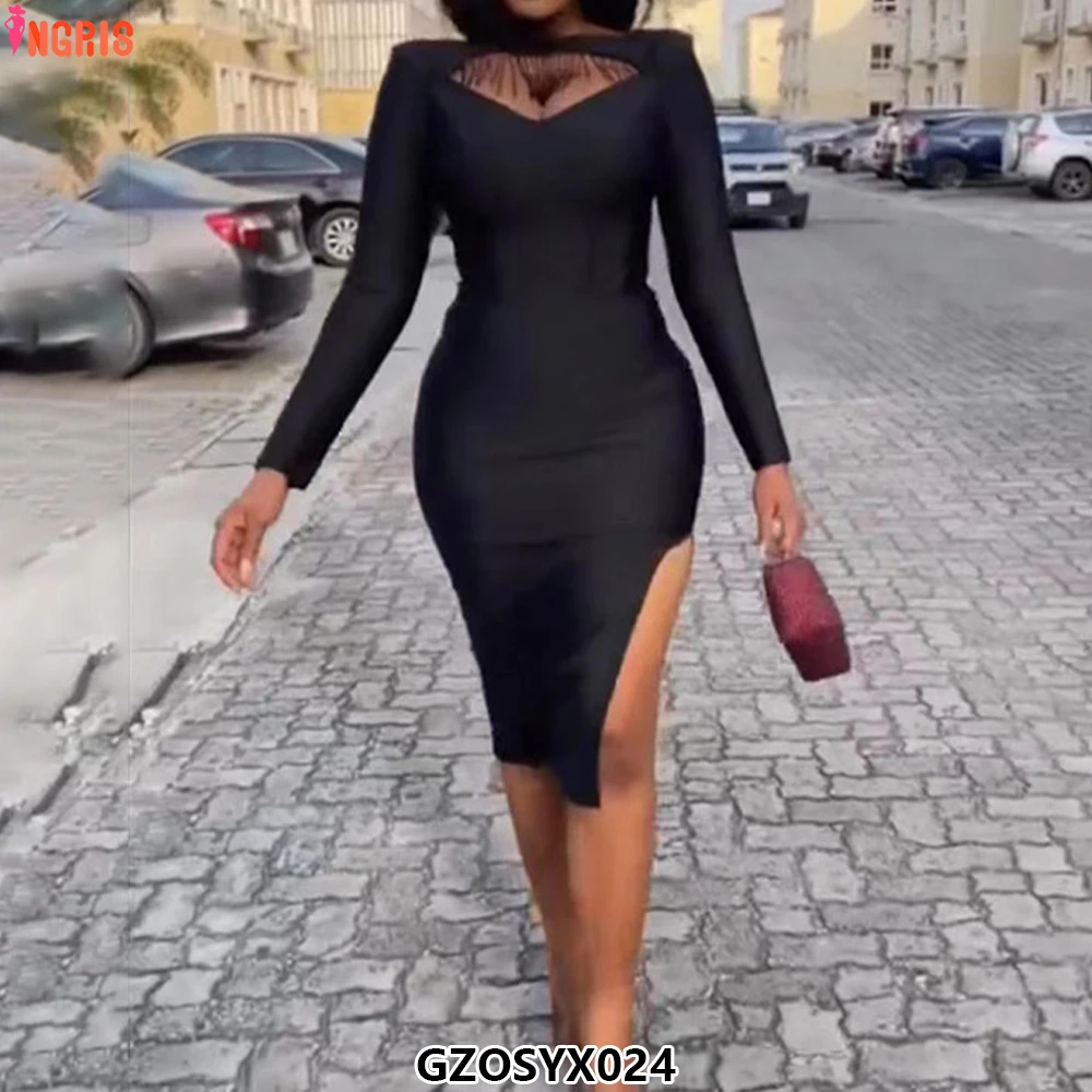 

Fashion and Elegant Sexy Long Sleeve Back Hollow Diamond Fringe Backless Bandage Bodycon Dress Long Women-GZOSYX024