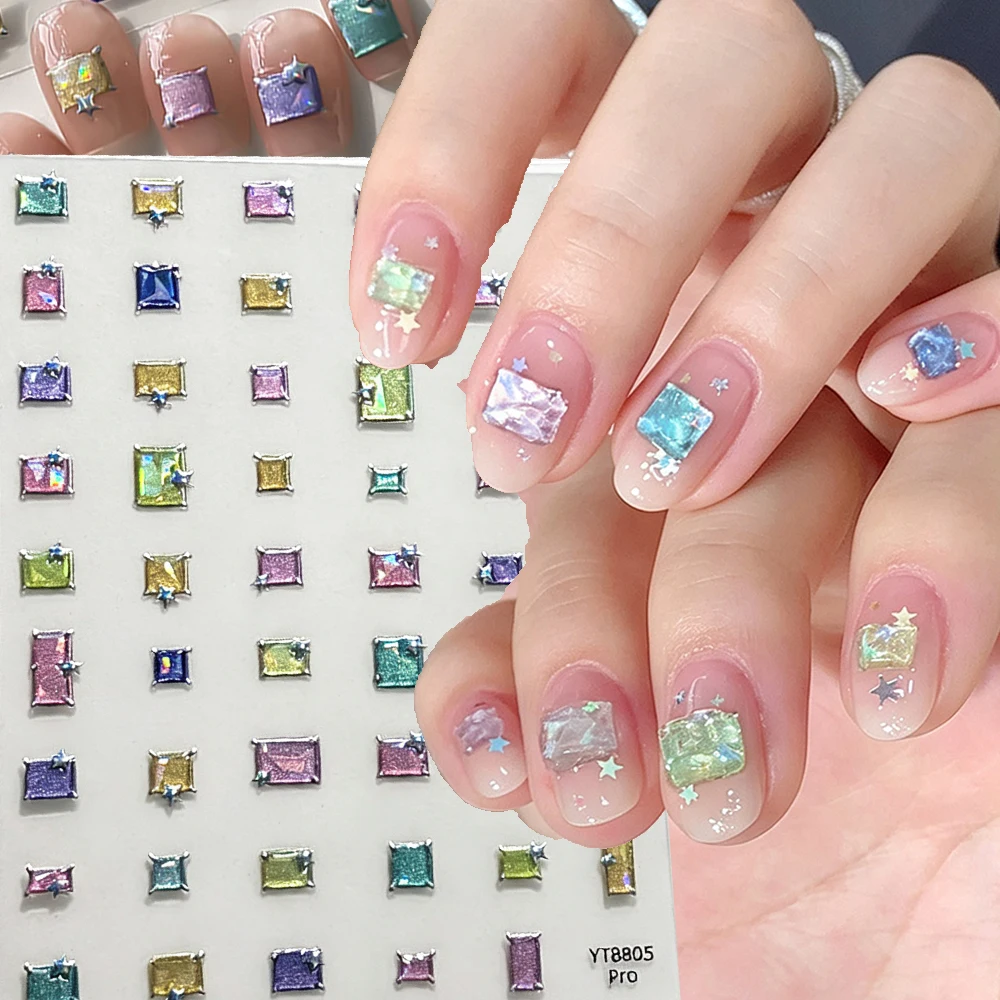5D Y2K Christmas Aurora Square Diamond Nail Sticker Dopamine Rectangular Shiny Nail Decal Self-Adhesive Bling Diamond Slider