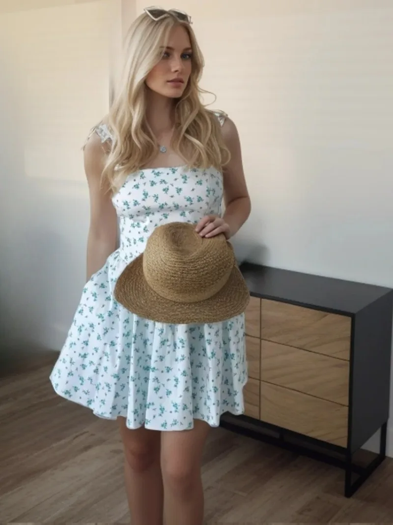 

Fashion Strapless Backless Mini Beach Dress for Women 2025 Spring New Women Sleeveless Simple Flower Printed Vintage Short Dress