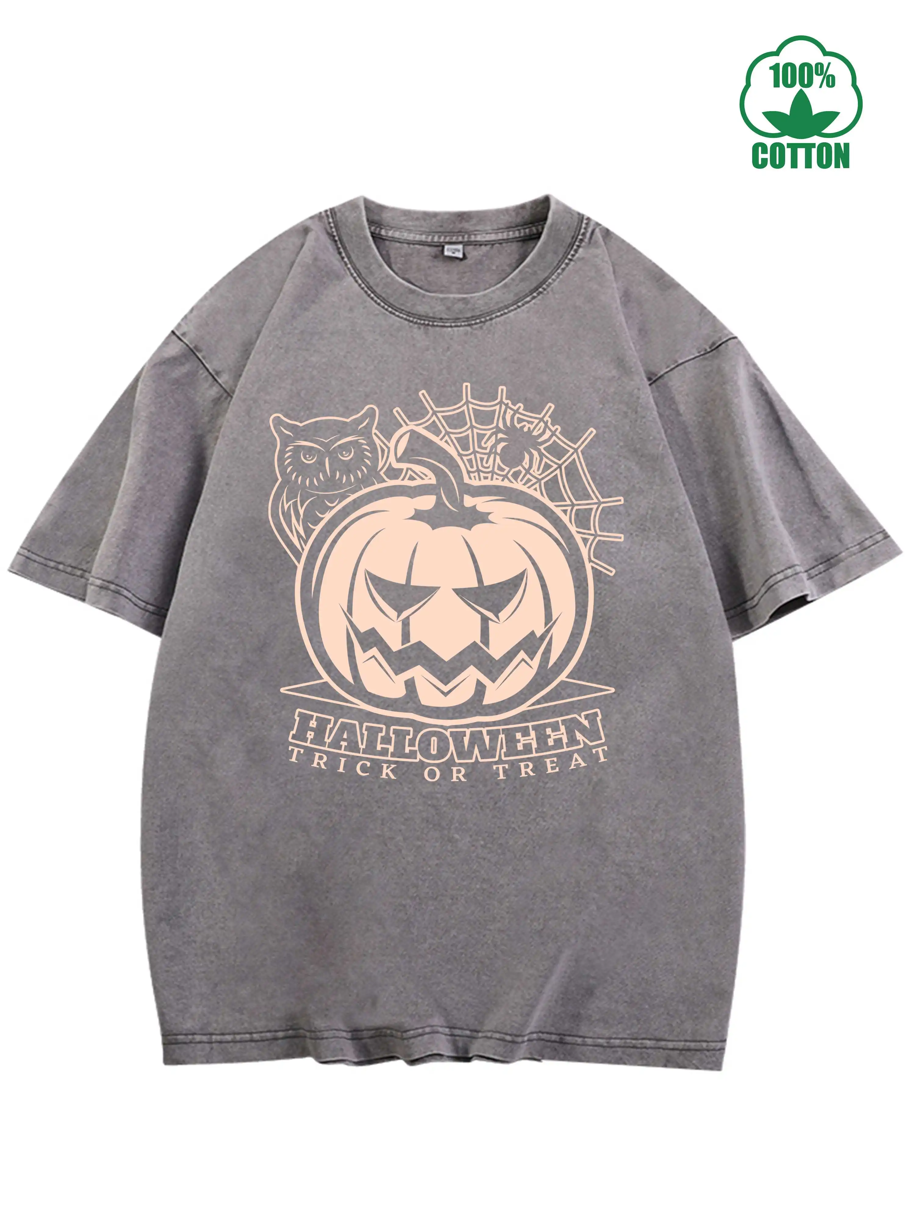 تي شيرت Happy Halloween Trick or Treat Pumpkin Head 100% قطن عتيق مغسول 230 جرام ملابس خروج مريحة كبيرة الحجم لـ