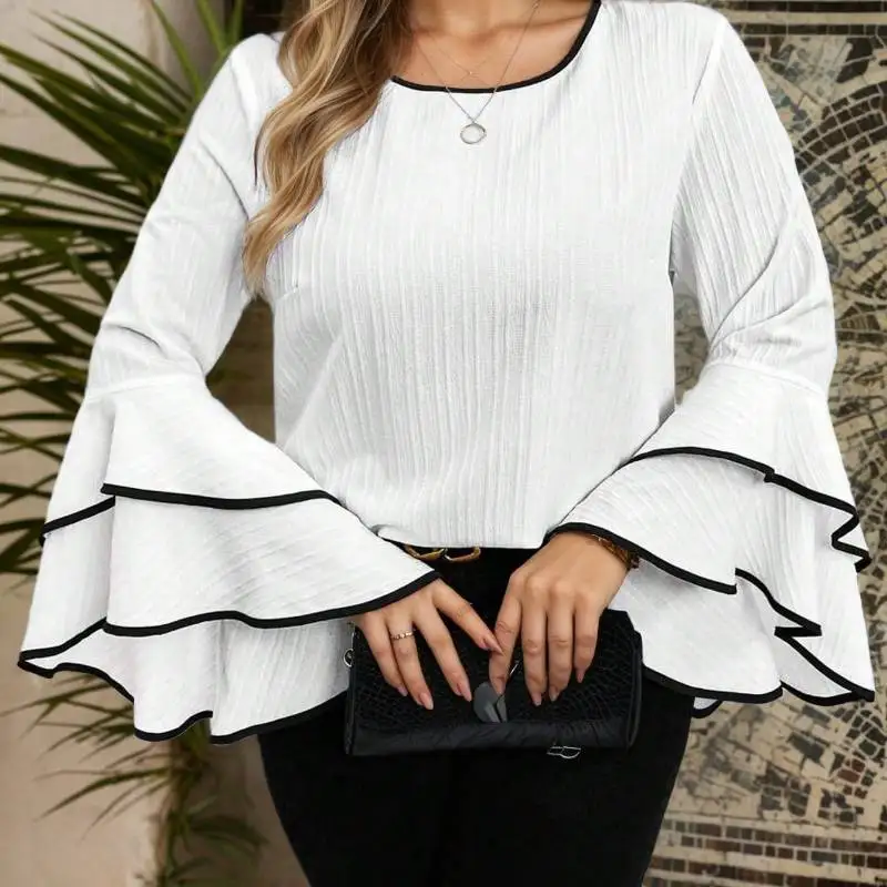 

Женская футболка больших размеров весна-лето 2025 года, свободная посадка, повседневная однотонная блузка с круглым вырезом, расклешенная блузка с длинными рукавами, топ