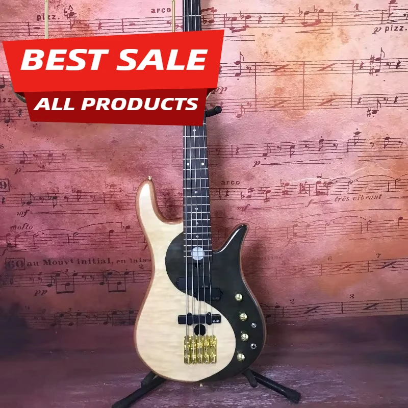 Black and White Yin-yang Taiji Electric Guitar with A Golden Bridge and Tiger-striped Wood Veneer Free Shipping Hot Sale