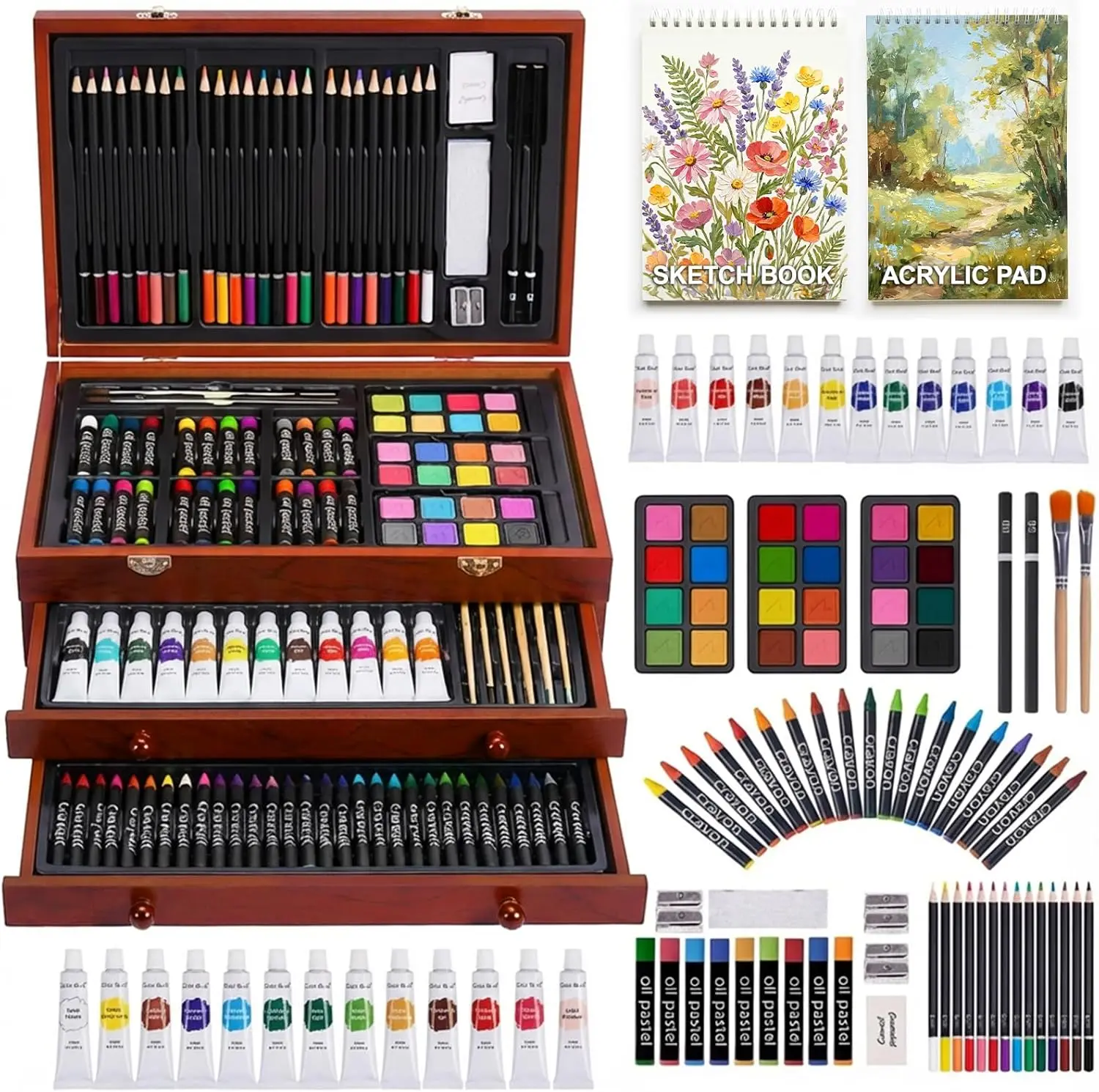 

175-Piece Deluxe Art Set with Acrylic Paints, Colored Pencils, Crayons, and Wooden Case for Artists and Kids