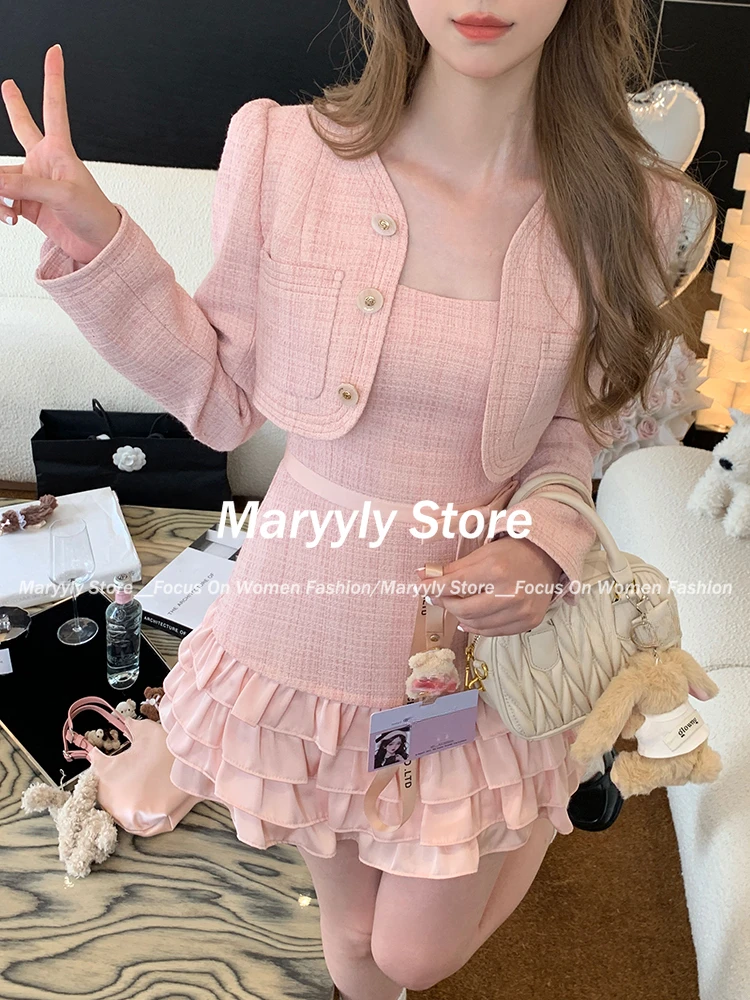 Autumn Sweet Pink 2 Piece Set Women Elegant Long Sleeve Short Cardigan Coat + Korean Slim Patchwork Bow Mini Strap Dress Chic