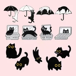 Cartoon Black Cat Umbrella Computer Enamel Pins Cute Kitten Series Brooch Backpack Badge Funny Jewelry Gifts Deco Wholesale