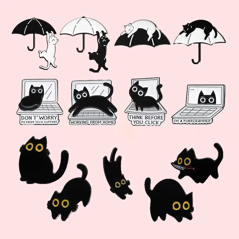 Cartoon Black Cat Umbrella Computer  Enamel Pins Cute Kitten Series Brooch Backpack Badge Funny Jewelry Gifts Deco Wholesale