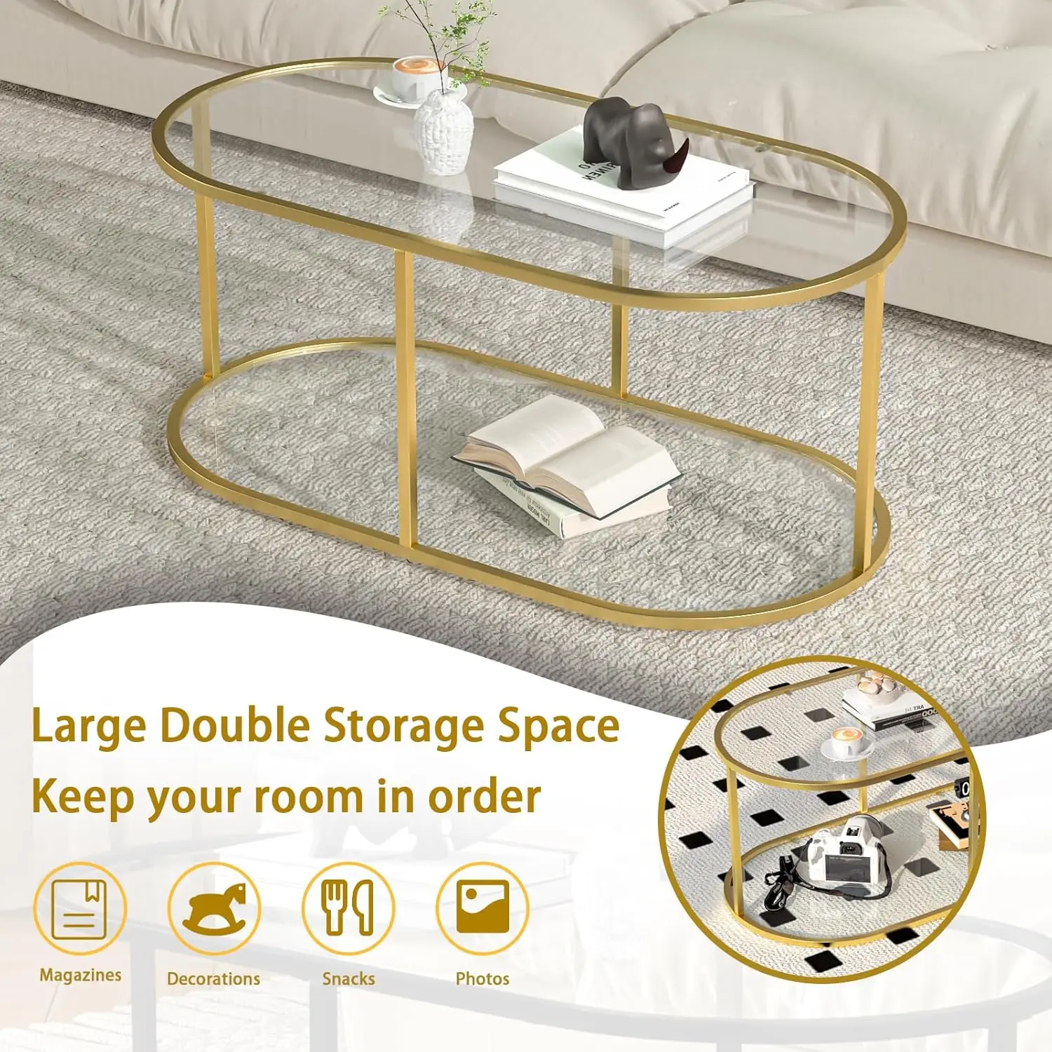 Coffee Table Gold Glass Coffee Table For Living Room,2 Tiers Oval Center Table With Sturdy Metal Frame,Modern Tempered Glass