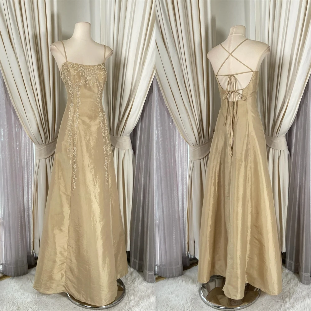 

Customized Delicate champagne Satin Evening Dress Classic Strapless Spaghetti Straps Cocktail Dress Sexy Lace Up Back Prom Dress
