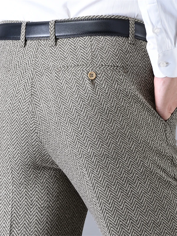 

Мужские утепленные шерстяные брюки в деловом стиле, модные костюмные брюки, полосатые повседневные городские длинные брюки для молодежи