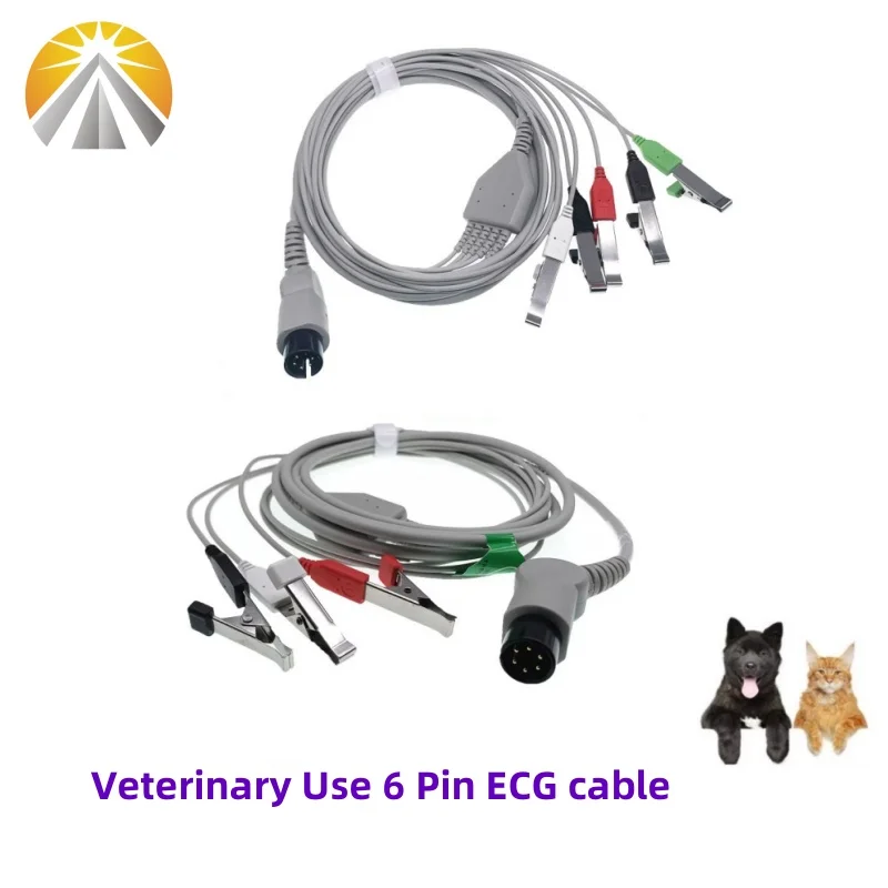 كابل تخطيط القلب البيطري 3 سلاسل أو 5 سلاسل 6 دبوس لـ Mindray PM8000 MEC 2000 Edan M8 شاشات الضوء البيطري مشبك بيطري نوع AHA عادي