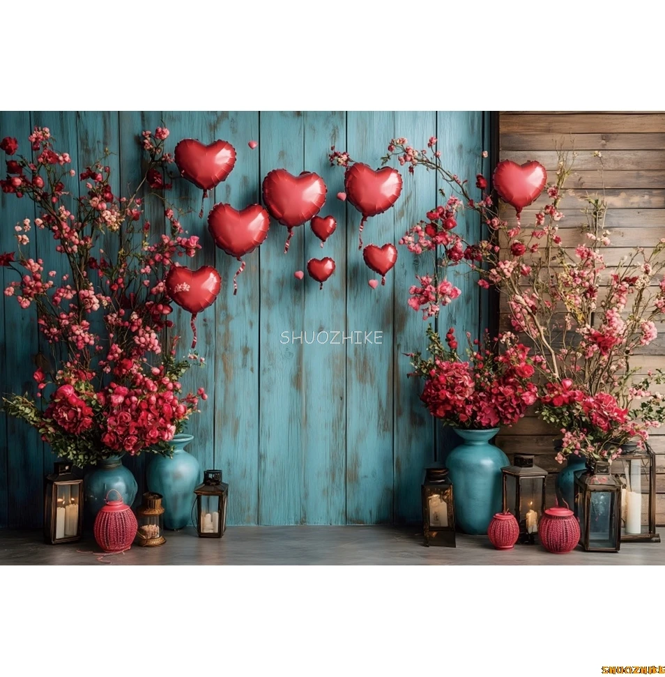 14 فبراير عيد الحب خلفية مشاهد رومانسية الأحمر الحب القلب الأزرق الخشب جدار الأزهار الزفاف التصوير خلفية الدعامة