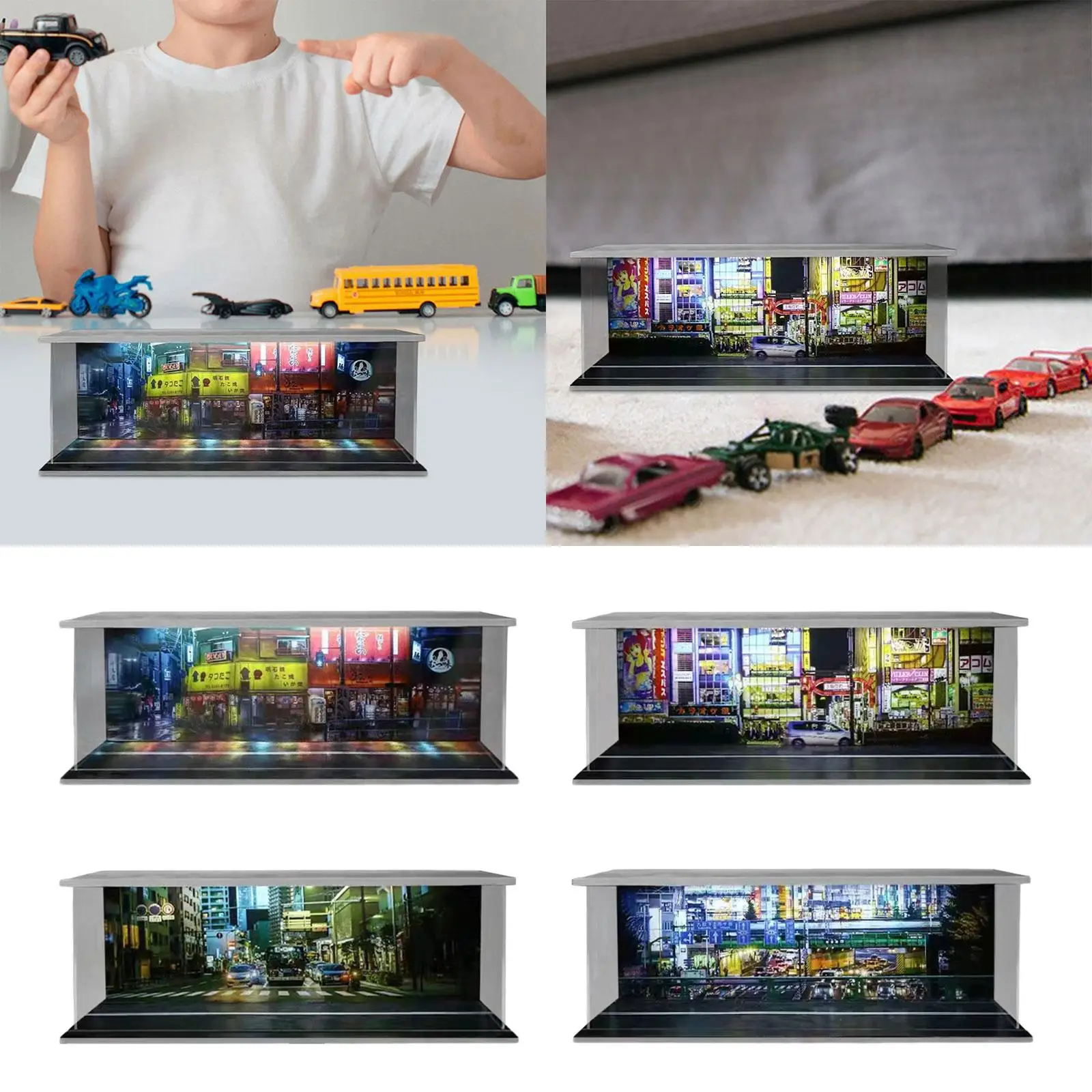 1:64 Scale Parking Lot LED Display Case Backdrop Protection Case Storage Box for