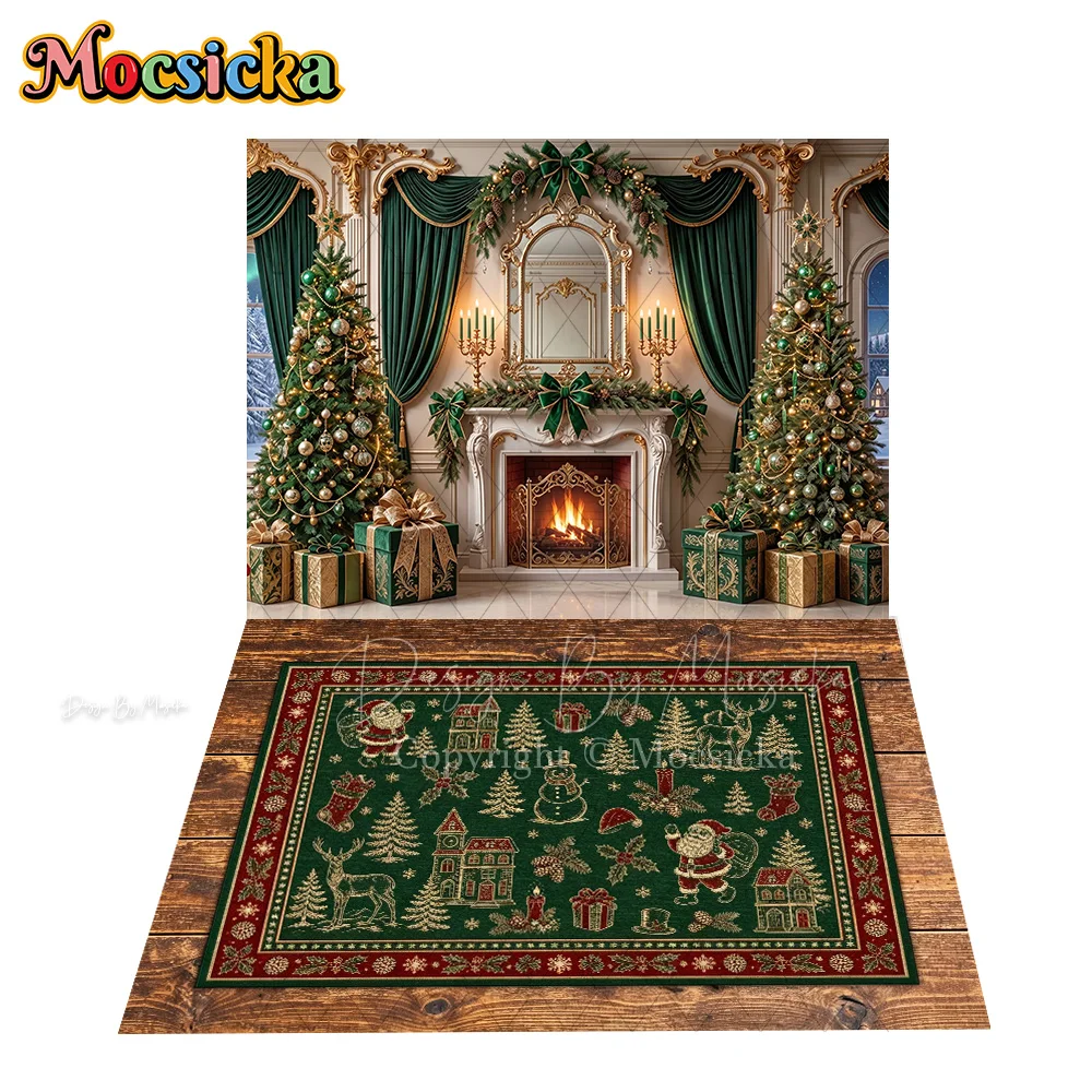 Mocsicka Green Gold Christmas Room Backdrop Photography Fireplace Xmas Tree Gift Background Family Kid Holiday Portrait Studio