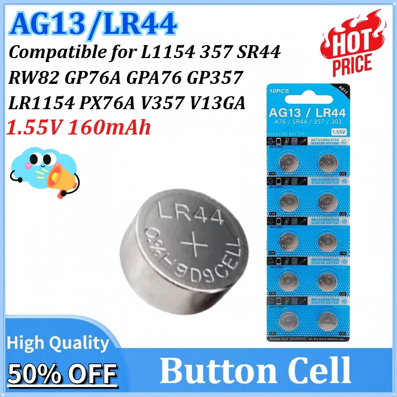 

10-100PCS 1.55V 160mAh LR44 AG13 160mAh Cell Coin Battery L1154 357 SR44 RW82 Alkaline Button Batteries Suitable For Watch Cell