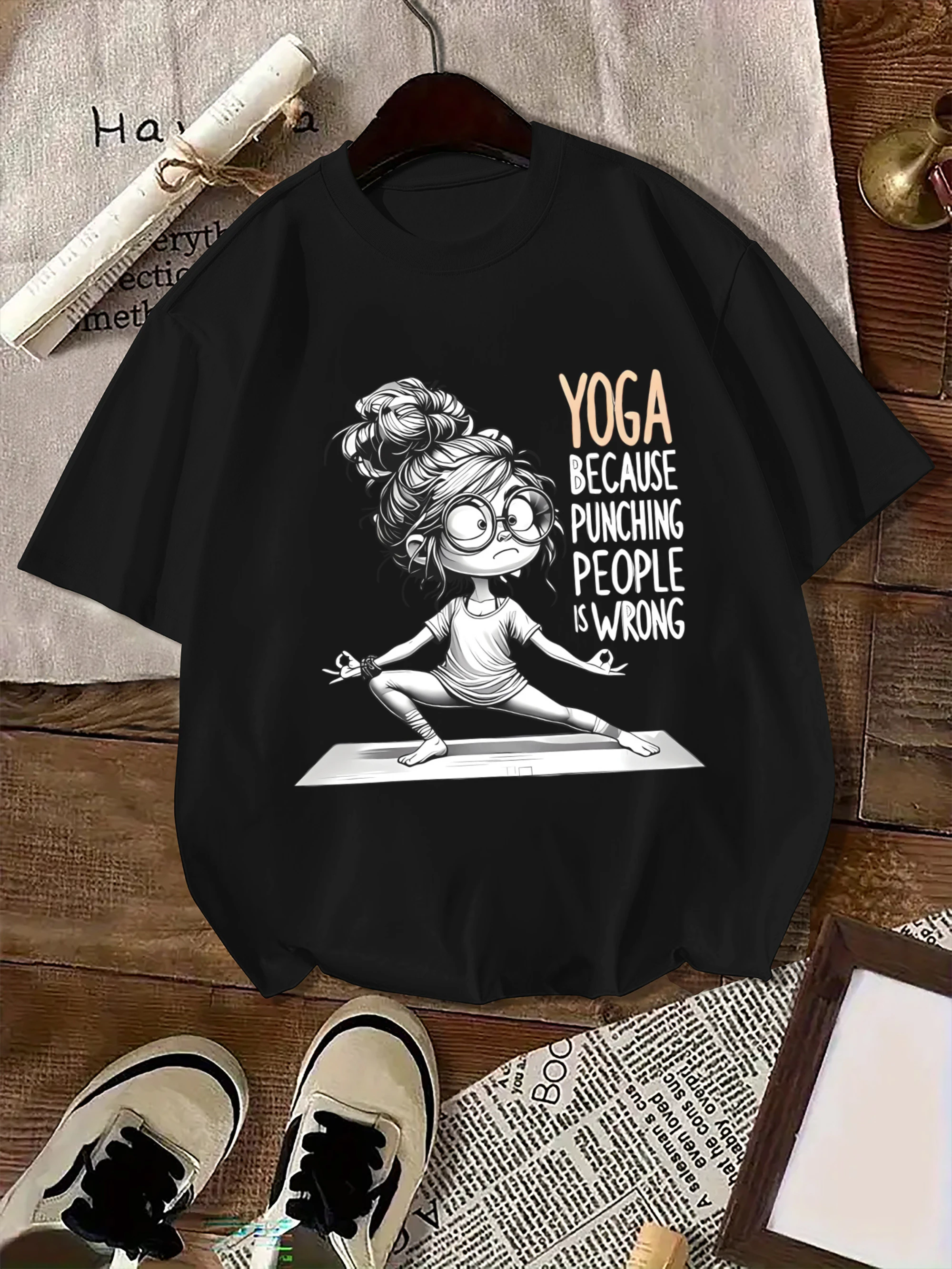Camiseta holgada con estampado de YOGA para mujer estilo Y2K, Top deportivo de verano, estampado de palabras "YOGA BECAUSE AUTRO PEOPLE ARE WRONG"