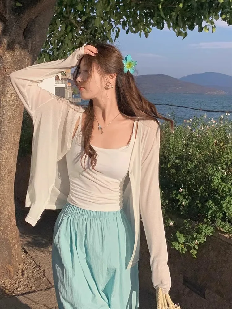 Women's Summer Lightweight Long Sleeve Sun Protection Cardigan Transparent Shawl Air Conditioning Shirt Casual Loose Style