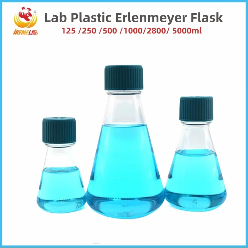 IKEME-Flcopropriété Erlenmeyer en Plastique, Culture Cellulaire, Fournitures de Laboratoire de Chimie avec Bouchon à Vis, 125 ml, 250 ml, 500 ml, 1000 ml, 2800 ml, 5000ml