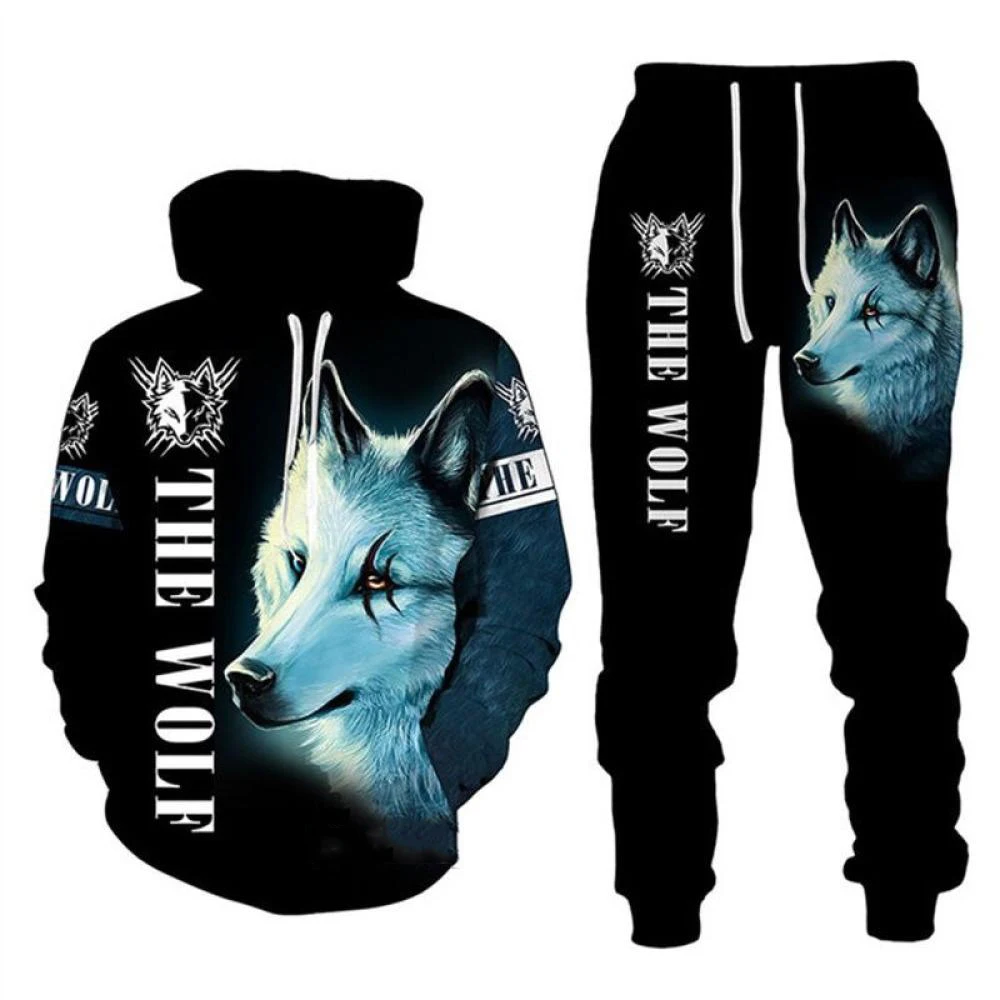 Lobo animal impressão 3d hoodies calças conjunto masculino outono moletom moletom rua sportwear duas peças ternos agasalho homem roupas