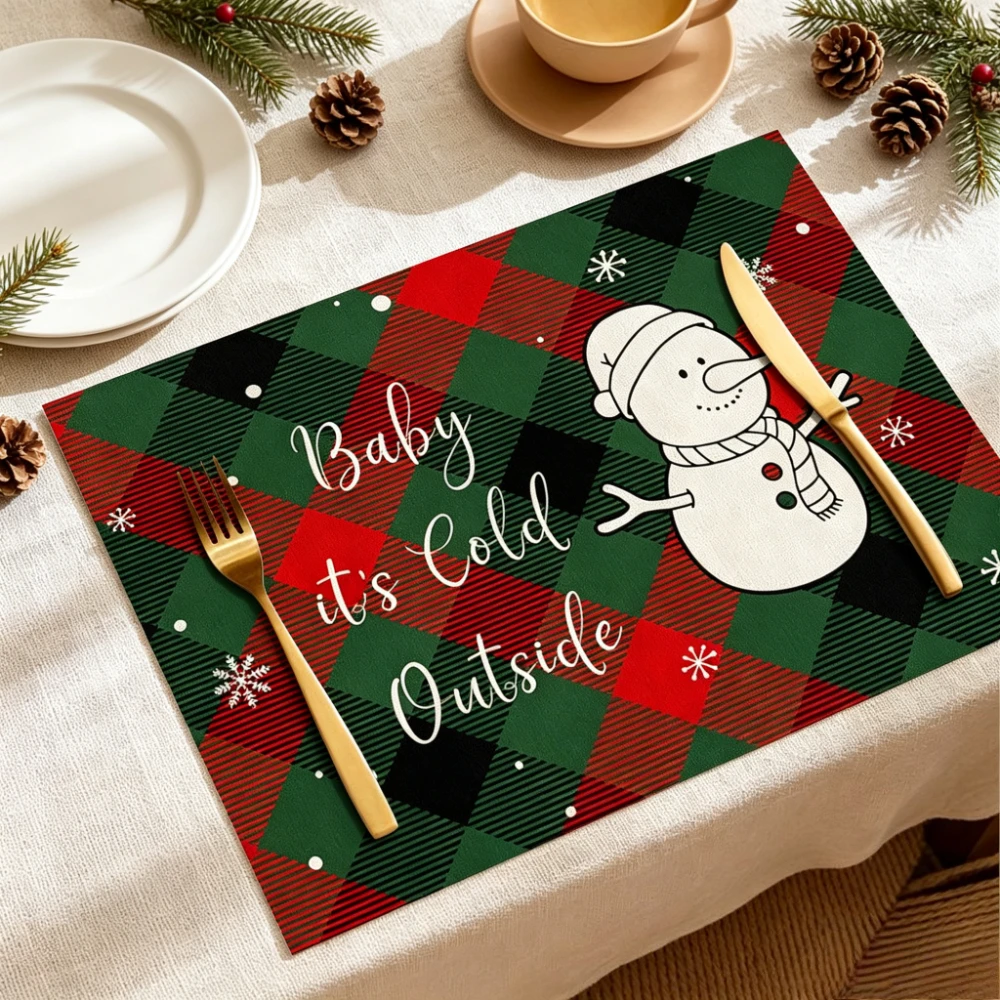 Bold Green Red  Plaid Snowman Cold Outside Lettering Snowflake Linen Placemat For Christmas Holiday Dining Table Topper