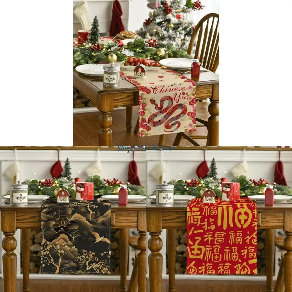 

H7ED Chinese Zodiacs Snake 2025 New Years Table Runner Tablecloth for Spring Festival Party Decoration
