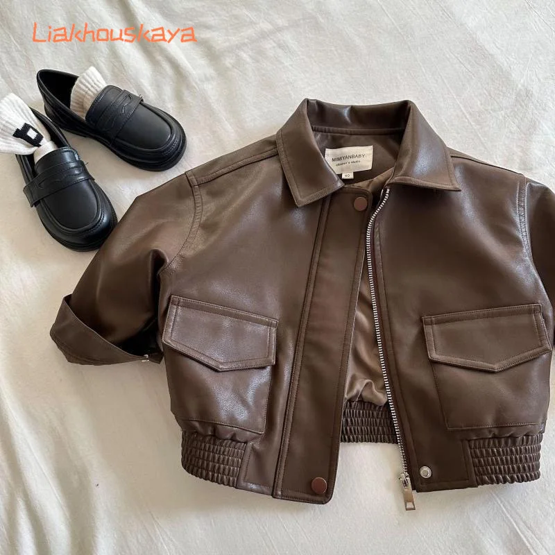 2026 New Kids PU Leather Jacket Spring Turn Down Collar Short Coat Boys Girls Outerwear For 2-10 Years Toddler Motorcycle Jacket