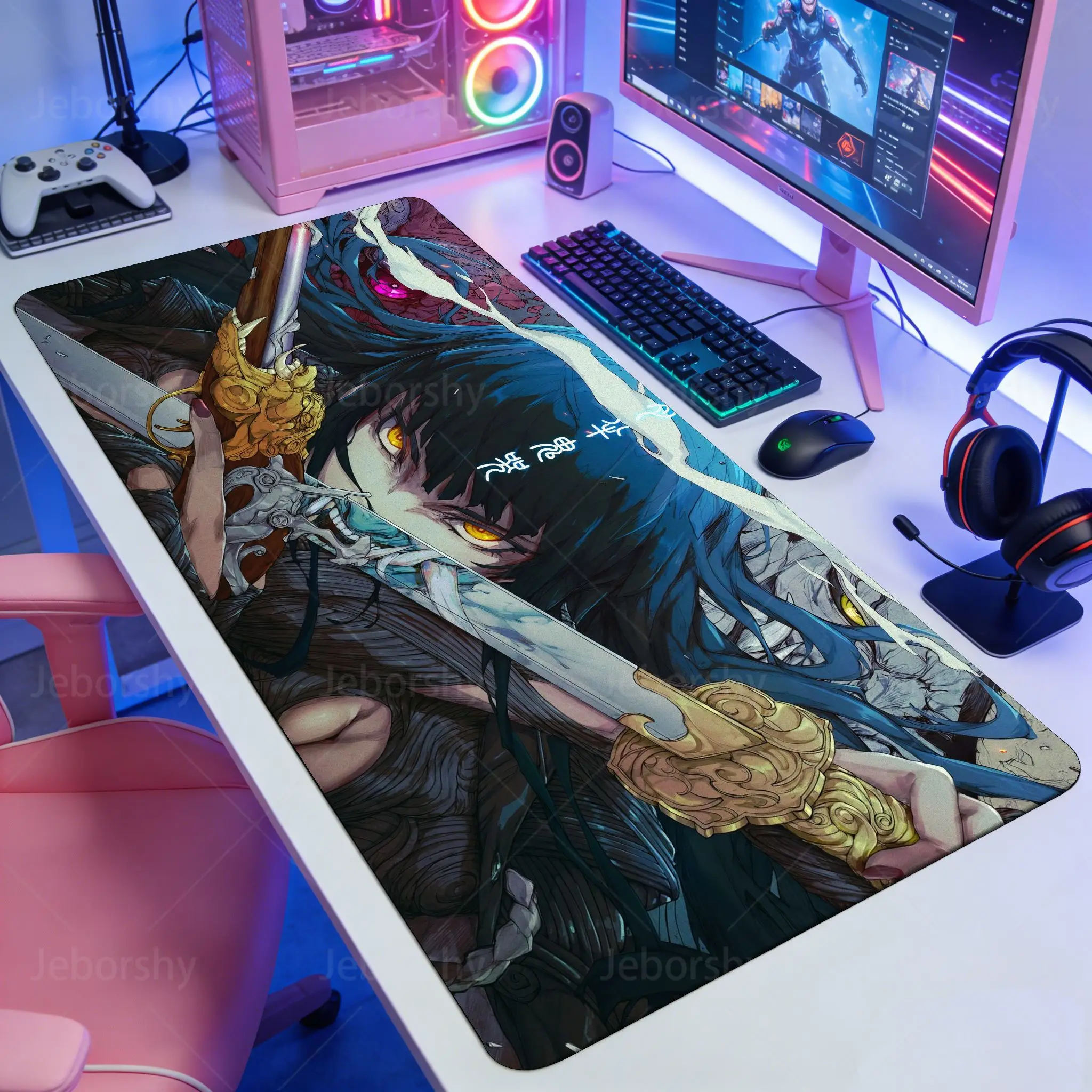 Dark Samurai Girl Gaming Mouse Pad, Japanese Style Demon Face Girl Desk Mat, High Definition Sewn Edge Waterproof Office