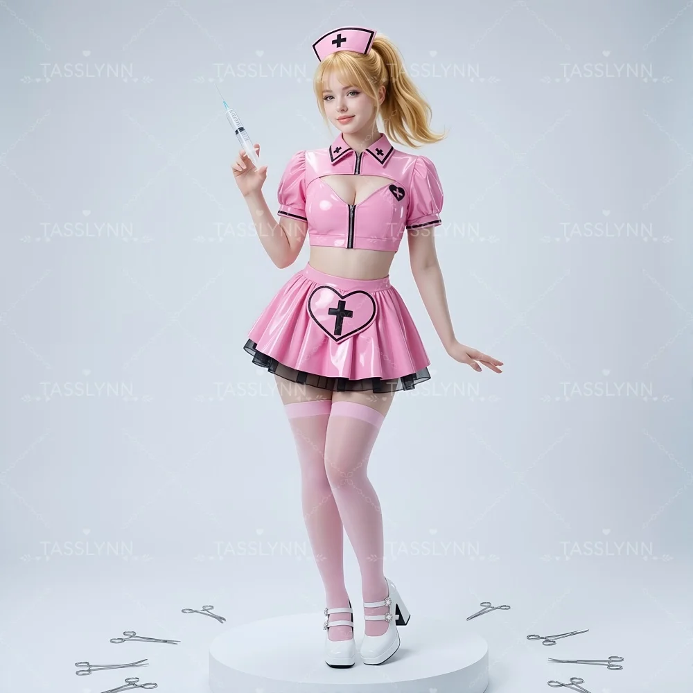 

Y2k Nurse Cosplay Sweet Black Pink Nurse Cosplay Costume Women Women PU Leather Heart Cross Outfit for Halloween