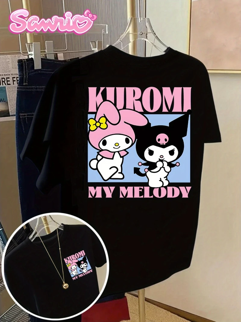 

Women's Sanrio Kuromi and My Melody Pattern T-shirt - Cute Anime Character Casual Short Sleeve Top