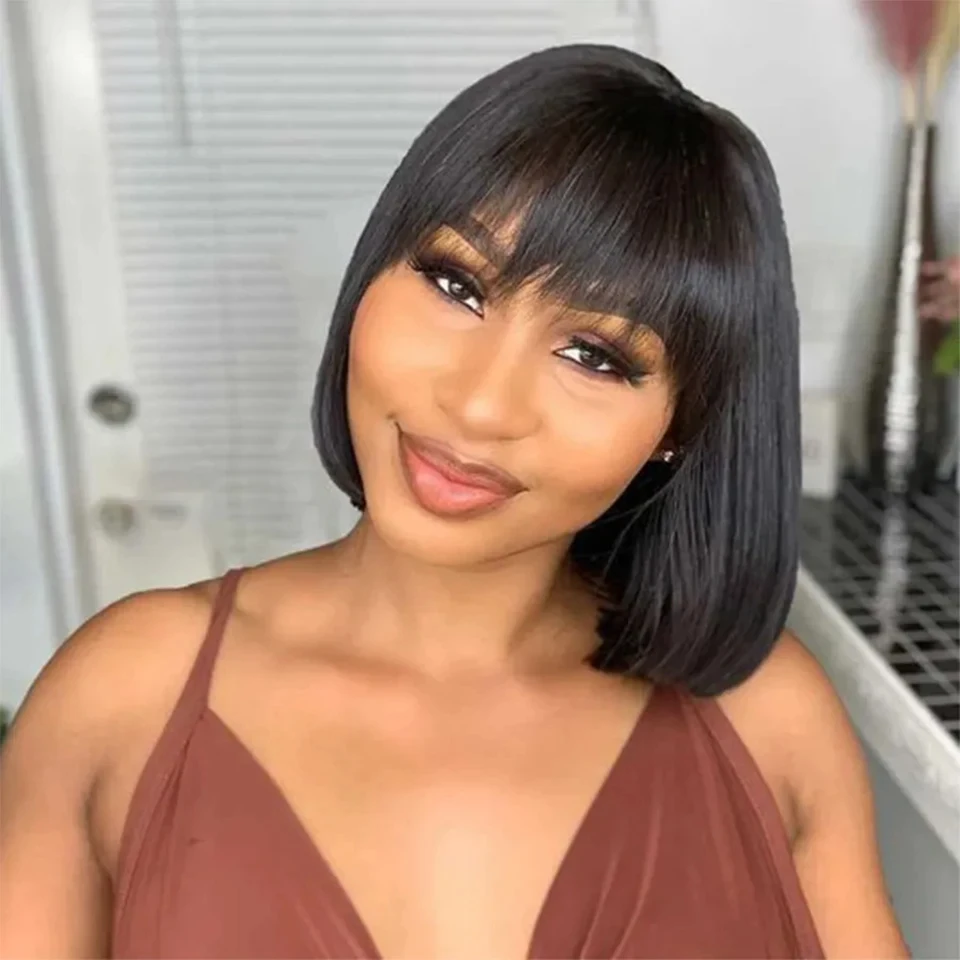 

Short Bob Wig with Bangs Bone Straight Human Hair Full Machine Made Wig 180% Density Fringe Middle Part Wig for Women