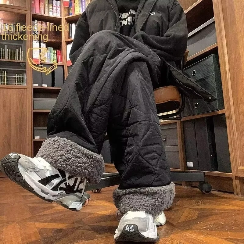 Heavy Winter Cotton Waterproof Splicing Lamb Fleece Cotton Pants for Men and Women, Solid Color Diamond Grid Embroidered Clip Co