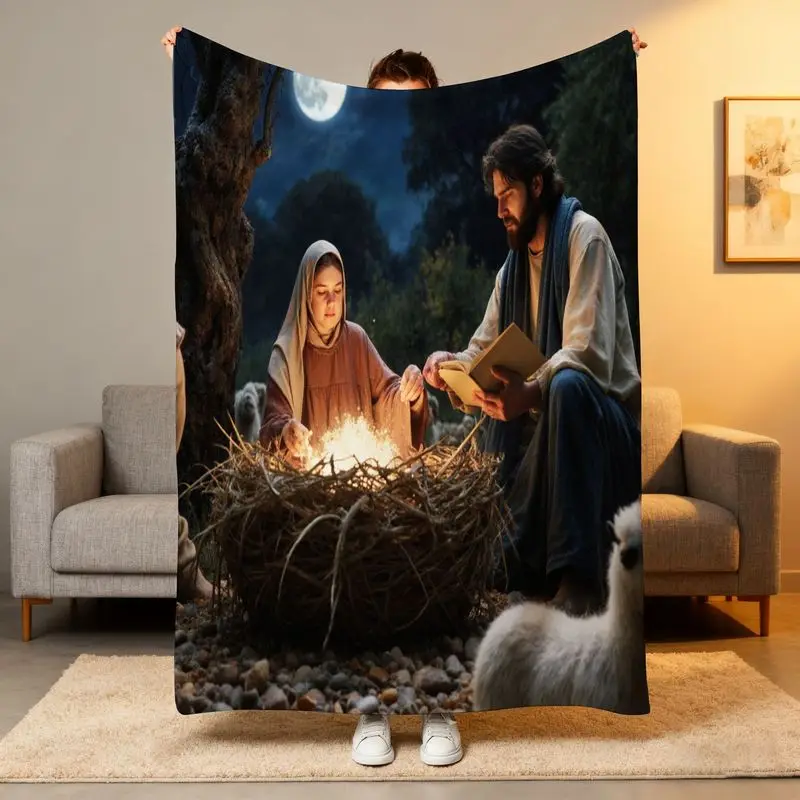 1 قطعة بطانية الصوف مشهد المهد-مري/جوزيف/طفل يسوع/راعي الرعاة/الأغنام ، فراش ديني لعيد الميلاد #1