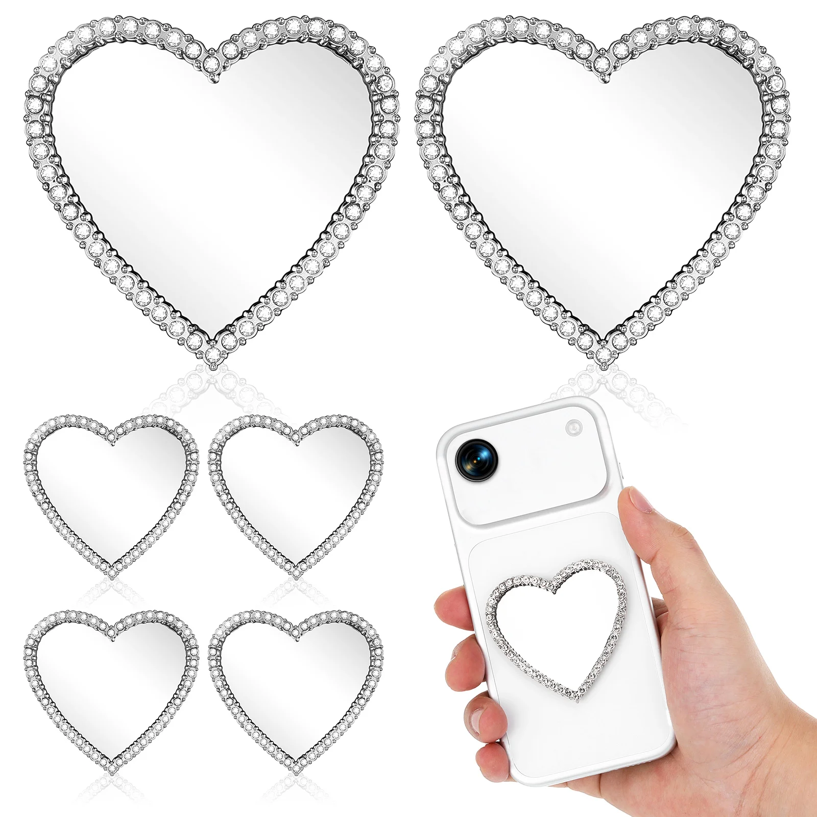 

6Pcs Heart Makeup Mirror Phone Case Attachment Rhinestone Bling DIY Decor for Mobile Stylish Portable Vanity Compact for
