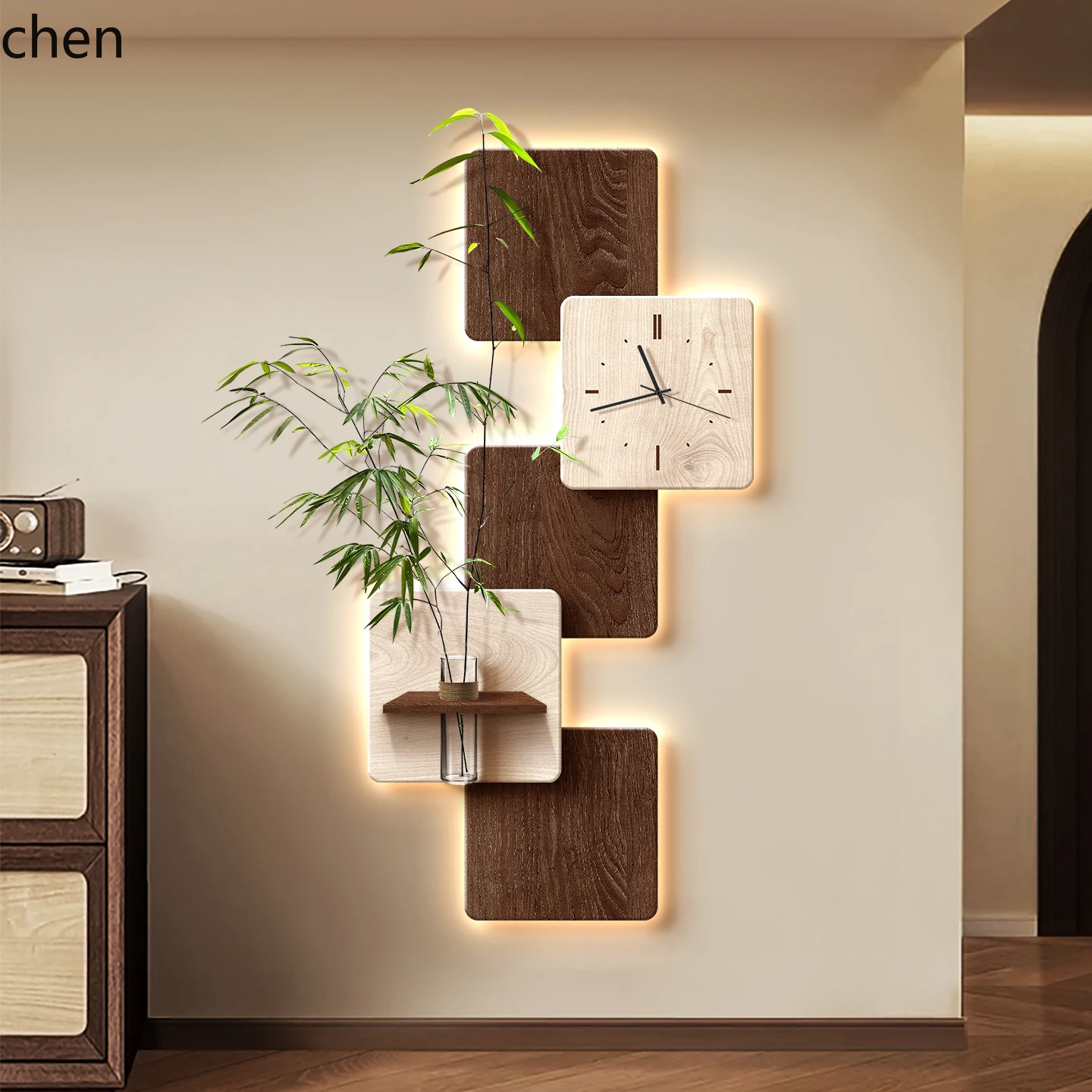 

QZT Entrance Decorative Painting Hydroponic Green Plant Entryway Art Wall Hanging with Clock and Wall Lamp Painting