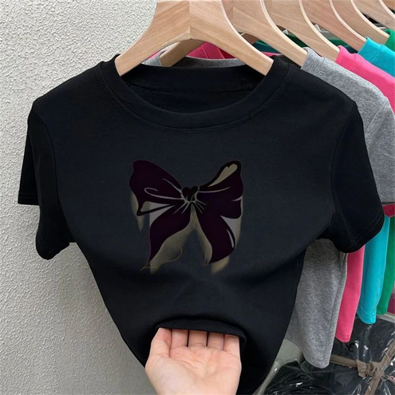 Women Clothing 2024Summer Trendy Butterfly Print Tees Casual Streetwear Short Sleeve Y2K T-shirt Female O Neck Cotton Basic Tops